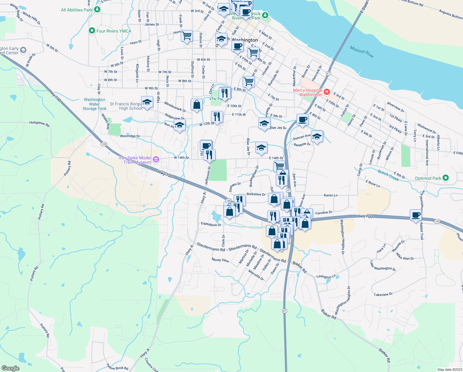 map of restaurants, bars, coffee shops, grocery stores, and more near 55 Durham Drive in Washington