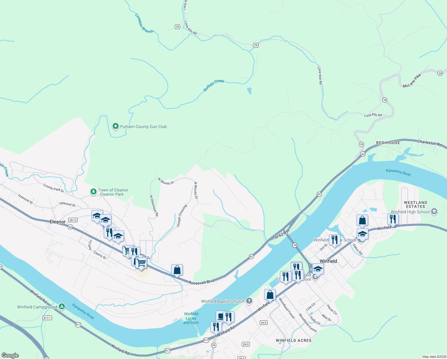 map of restaurants, bars, coffee shops, grocery stores, and more near 1621 Luikart Ridge in Red House