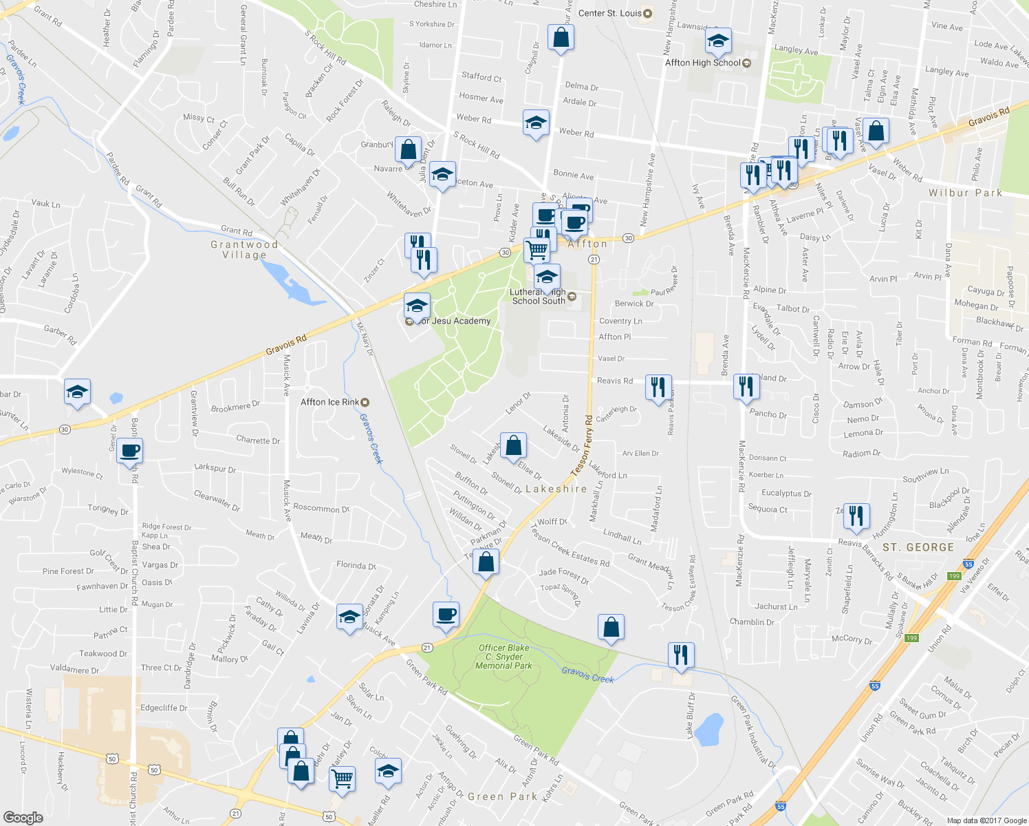 map of restaurants, bars, coffee shops, grocery stores, and more near 10080 Lakeside Drive in St. Louis