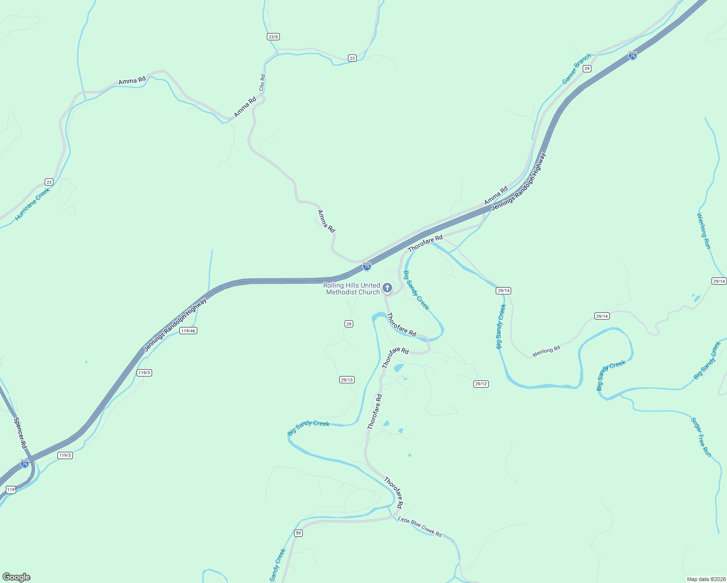 map of restaurants, bars, coffee shops, grocery stores, and more near Rolling Hills Rd in Clendenin