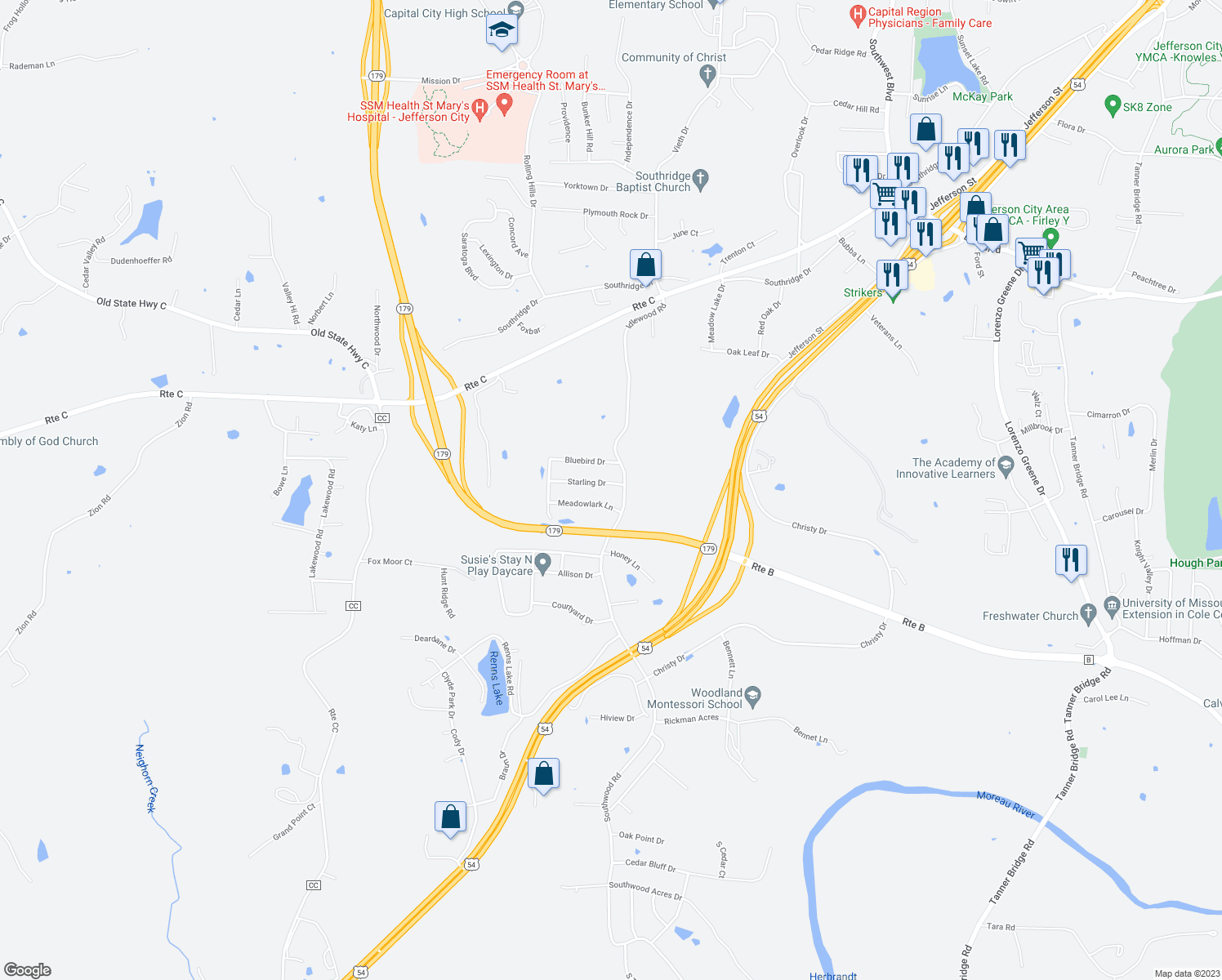 map of restaurants, bars, coffee shops, grocery stores, and more near 2307 Starling Drive in Jefferson City