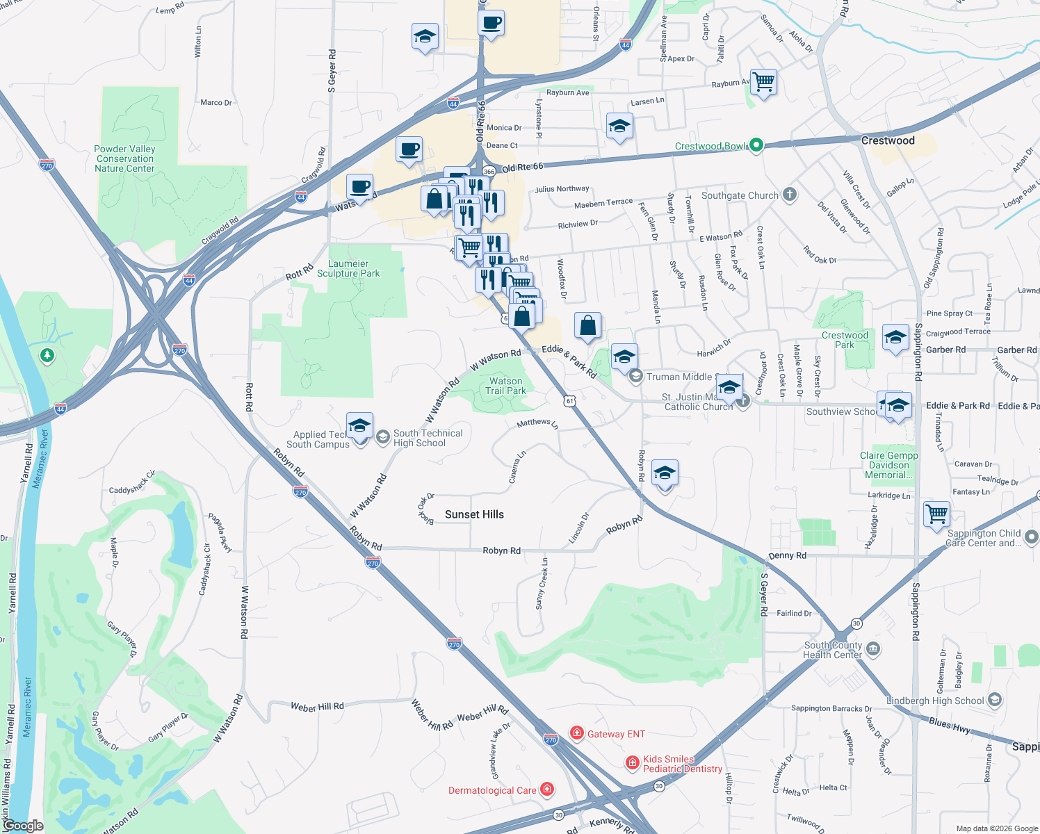 map of restaurants, bars, coffee shops, grocery stores, and more near 12443 Matthews Lane in St. Louis