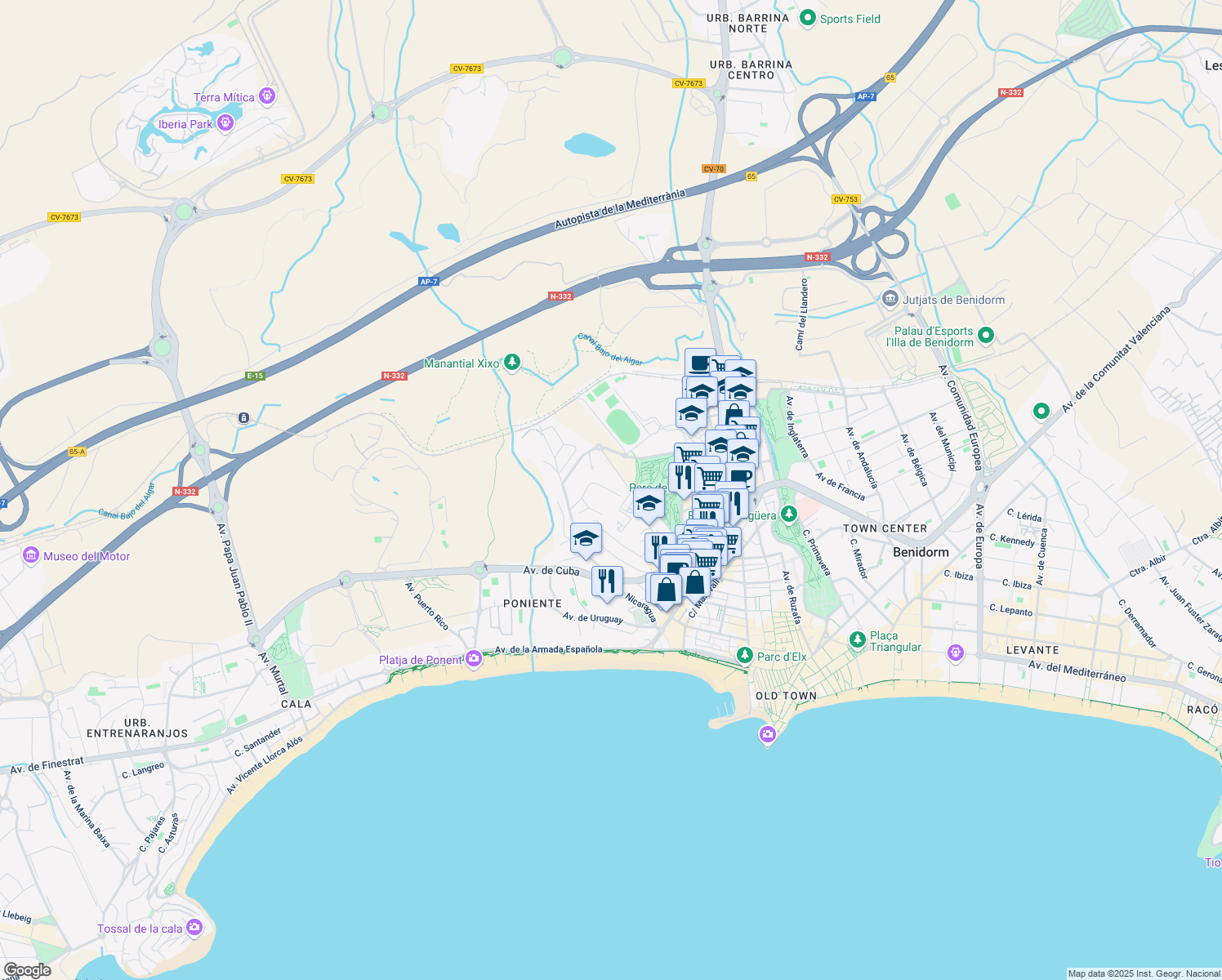 map of restaurants, bars, coffee shops, grocery stores, and more near 31A Calle Las Flores in Benidorm