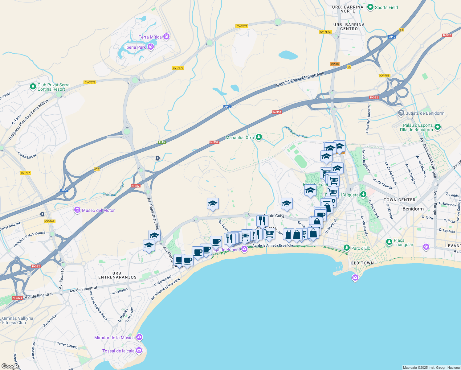 map of restaurants, bars, coffee shops, grocery stores, and more near 12 Calle Presidente Adolfo Suárez in Benidorm