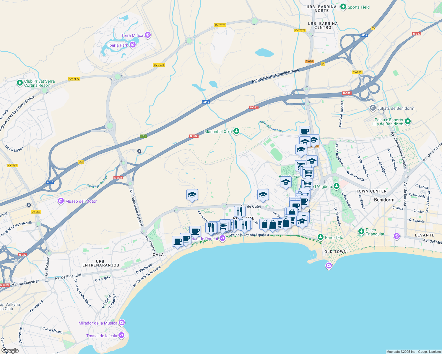 map of restaurants, bars, coffee shops, grocery stores, and more near 12 Calle Presidente Adolfo Suárez in Benidorm
