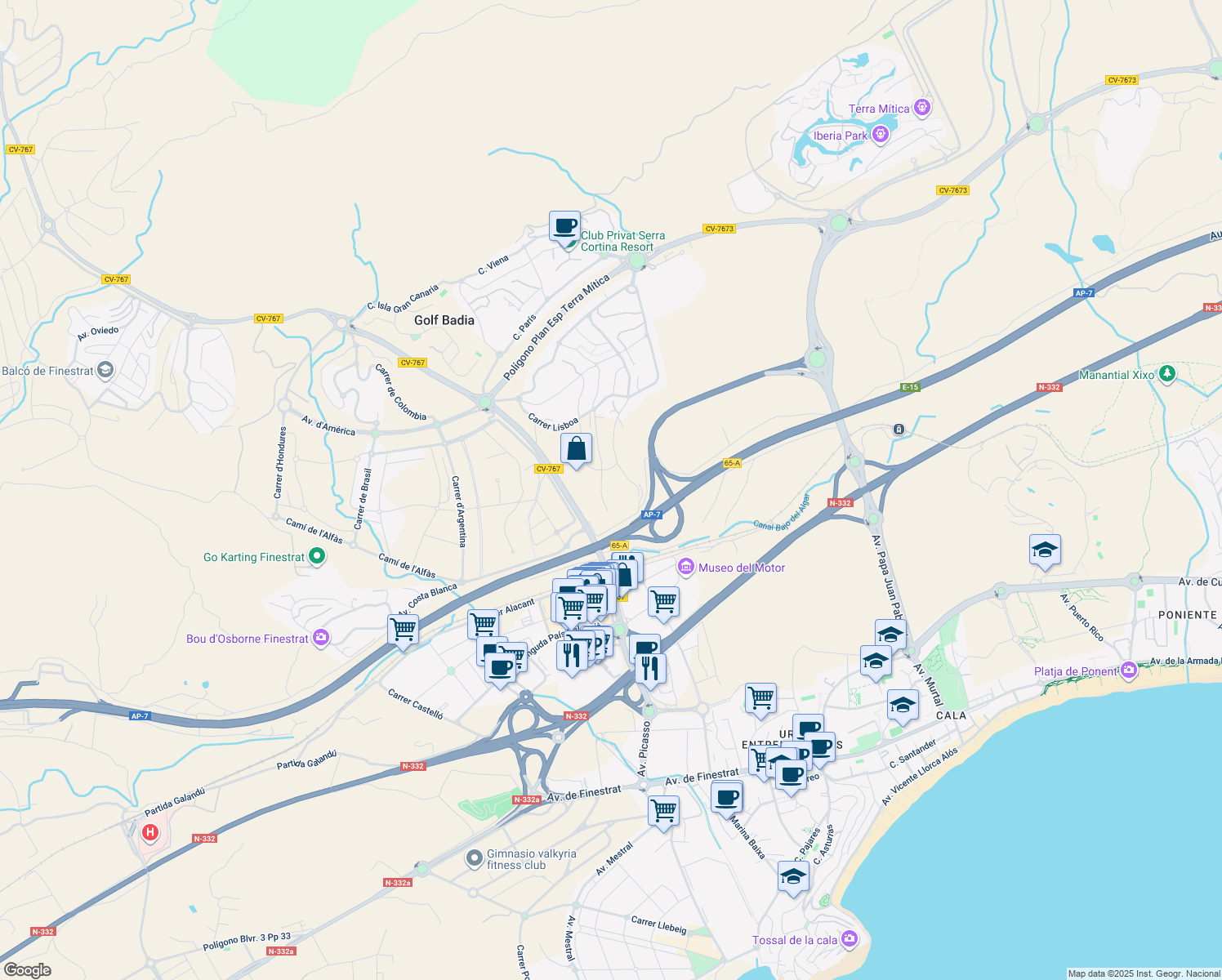 map of restaurants, bars, coffee shops, grocery stores, and more near 88 Carrer Praga in Alicante