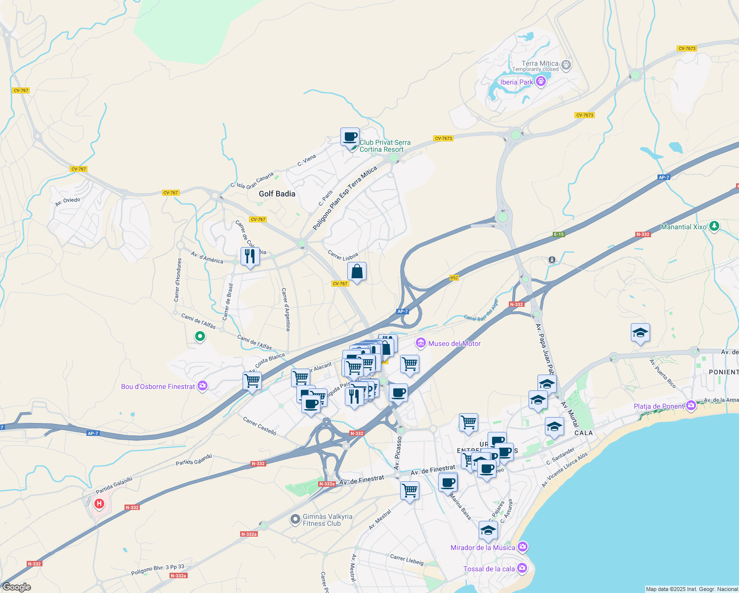 map of restaurants, bars, coffee shops, grocery stores, and more near 88 Carrer Praga in Alicante