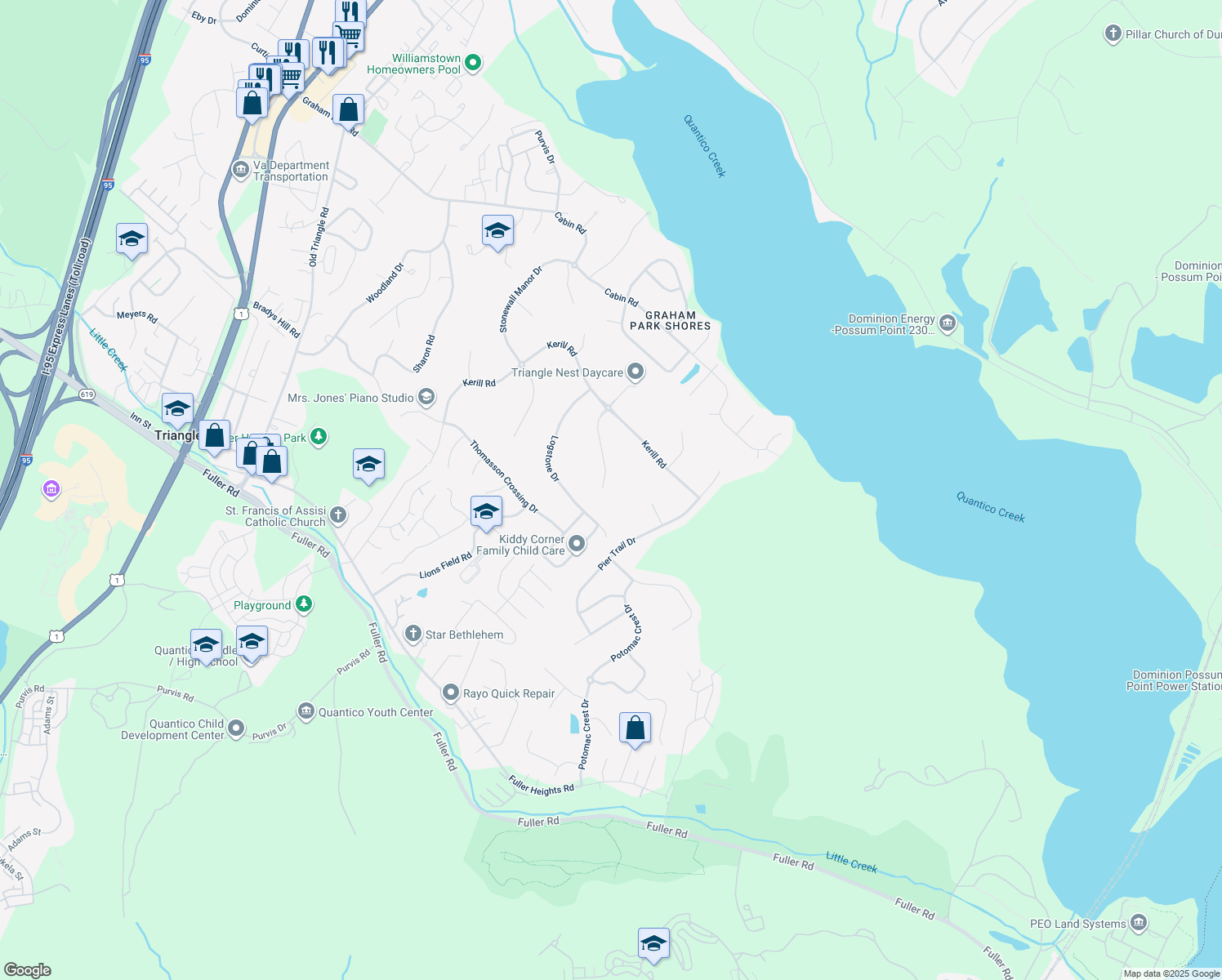 map of restaurants, bars, coffee shops, grocery stores, and more near 3308 Dondis Creek Drive in Triangle