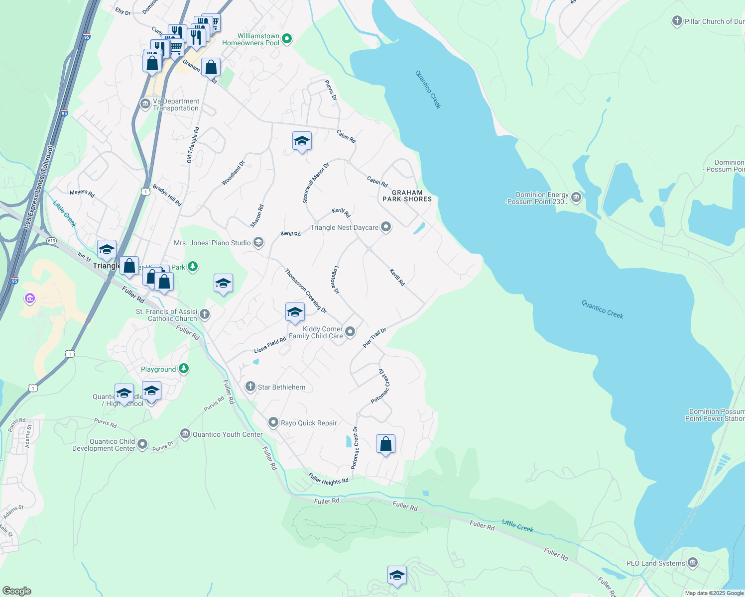 map of restaurants, bars, coffee shops, grocery stores, and more near 3308 Dondis Creek Drive in Triangle