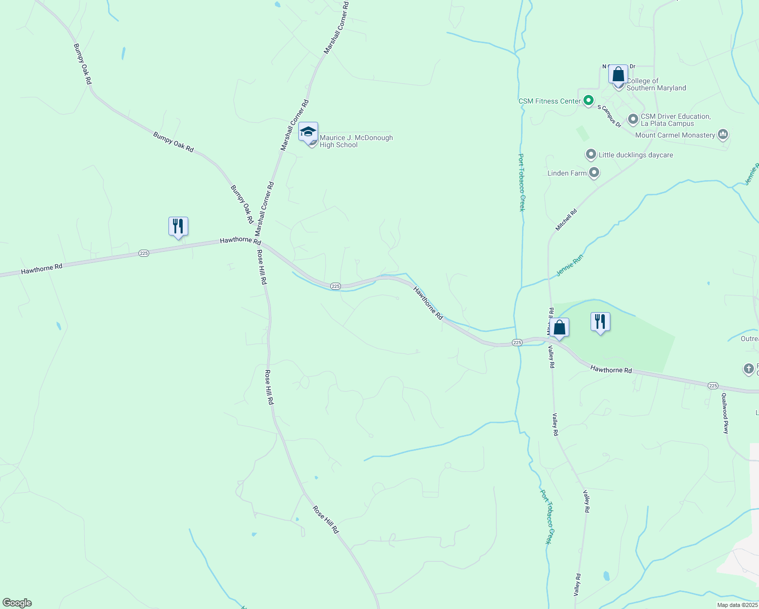 map of restaurants, bars, coffee shops, grocery stores, and more near 8155 Plowden Drive in La Plata
