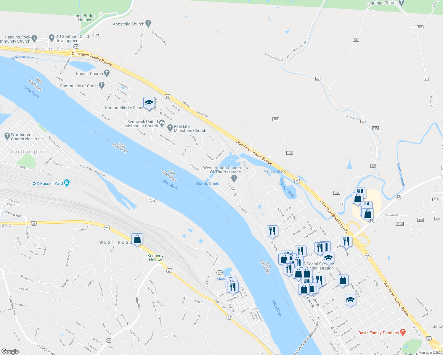 map of restaurants, bars, coffee shops, grocery stores, and more near 2203 North 3rd Street in Ironton