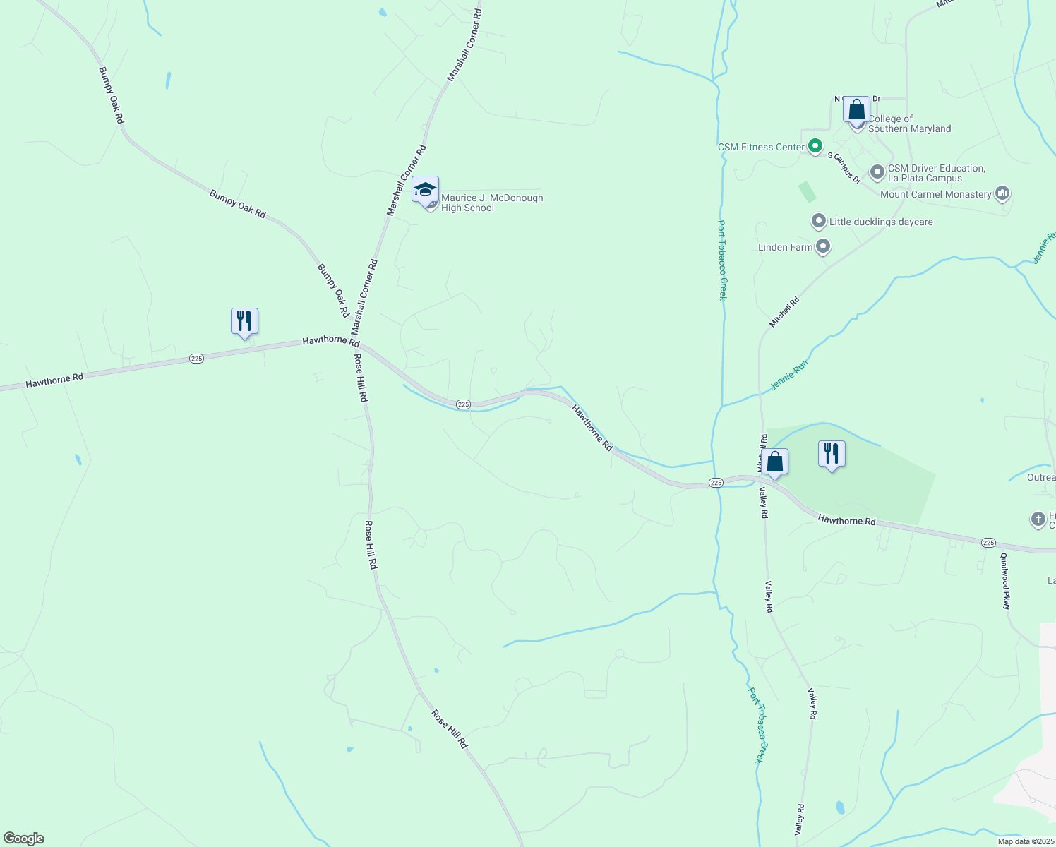 map of restaurants, bars, coffee shops, grocery stores, and more near 8155 Plowden Drive in La Plata