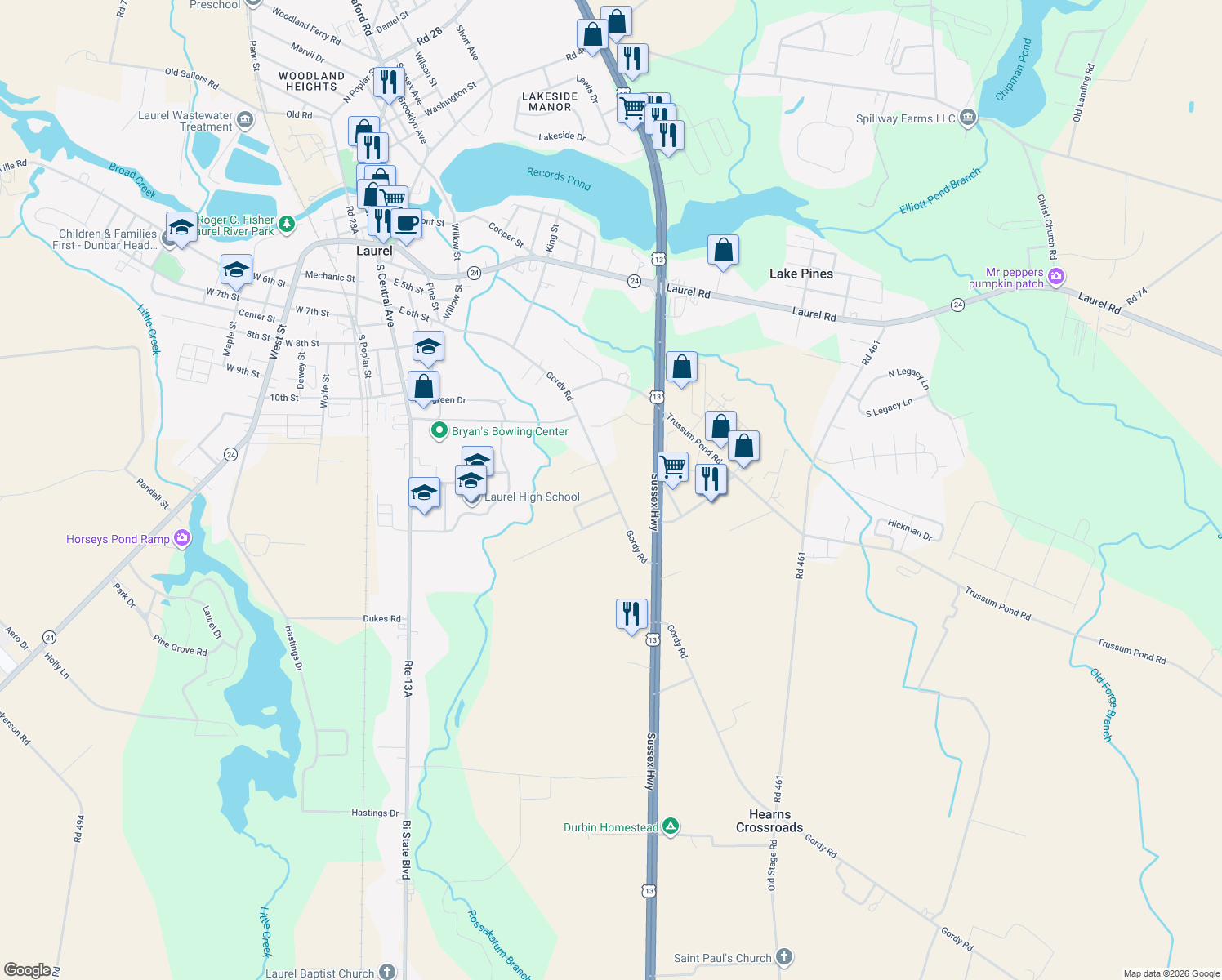 map of restaurants, bars, coffee shops, grocery stores, and more near 32053 Gordy Rd in Laurel