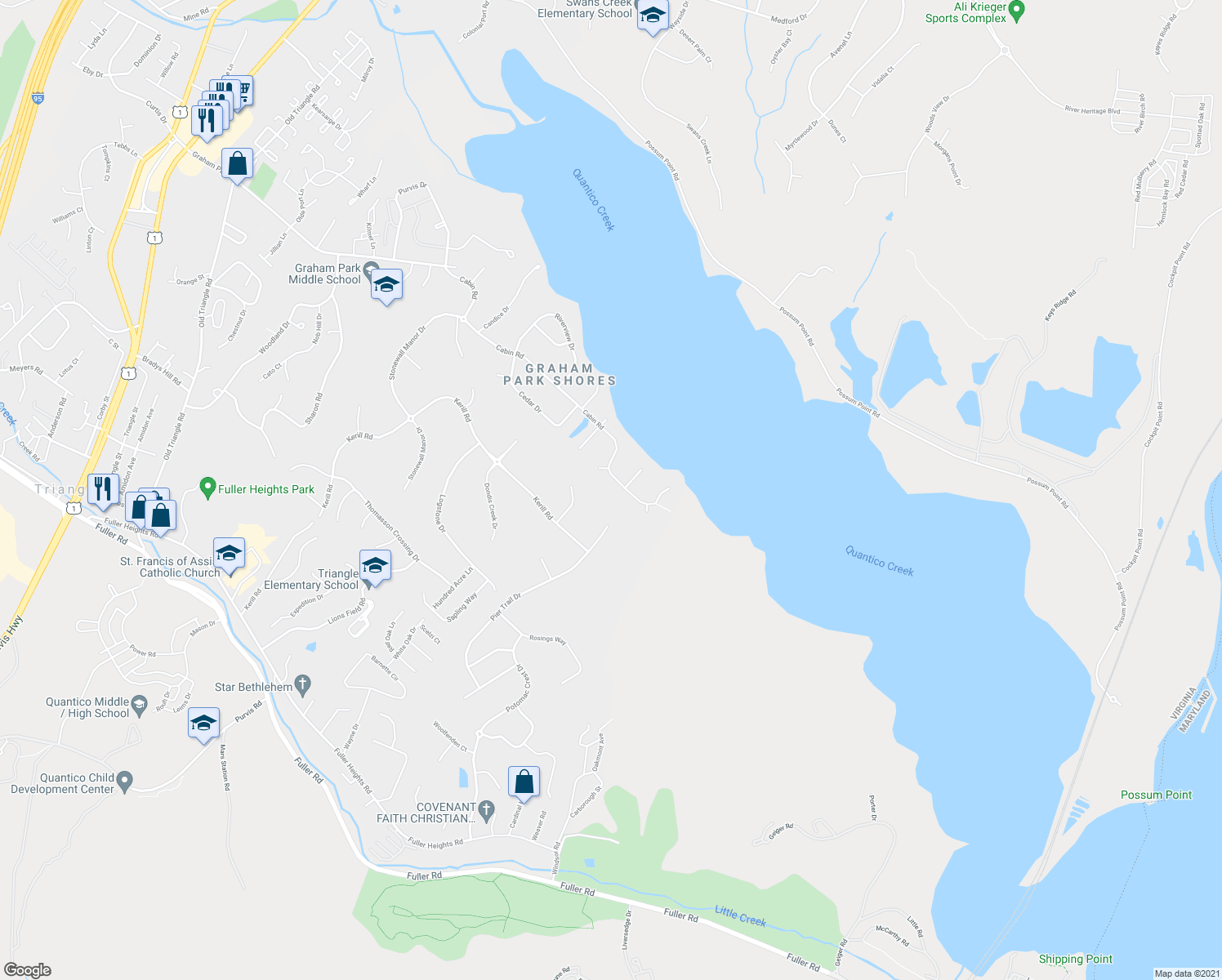 map of restaurants, bars, coffee shops, grocery stores, and more near 18518 Cabin Road in Triangle