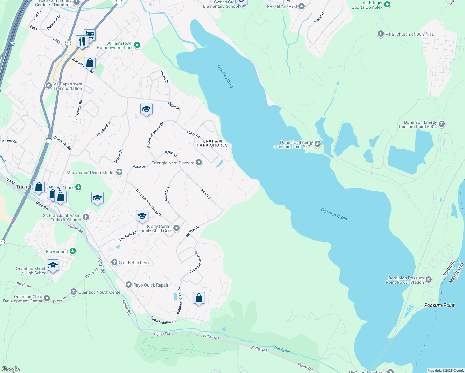 map of restaurants, bars, coffee shops, grocery stores, and more near 18518 Cabin Road in Triangle