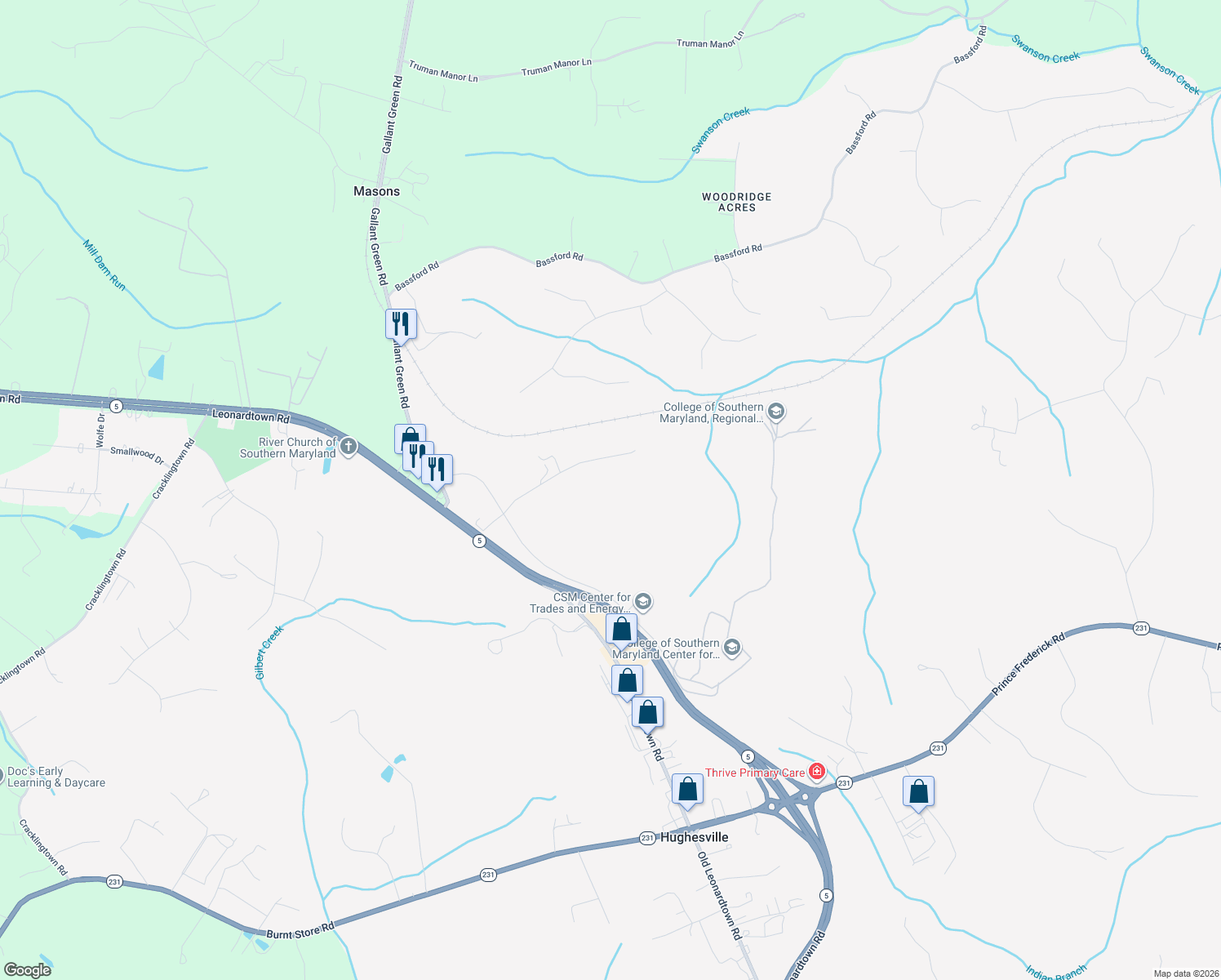 map of restaurants, bars, coffee shops, grocery stores, and more near 5980 Paternoster Ln in Hughesville