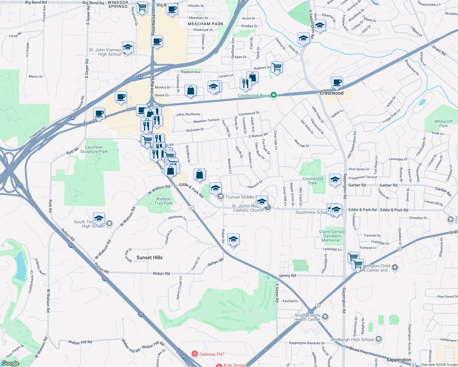 map of restaurants, bars, coffee shops, grocery stores, and more near 8929 Manda Lane in Saint Louis