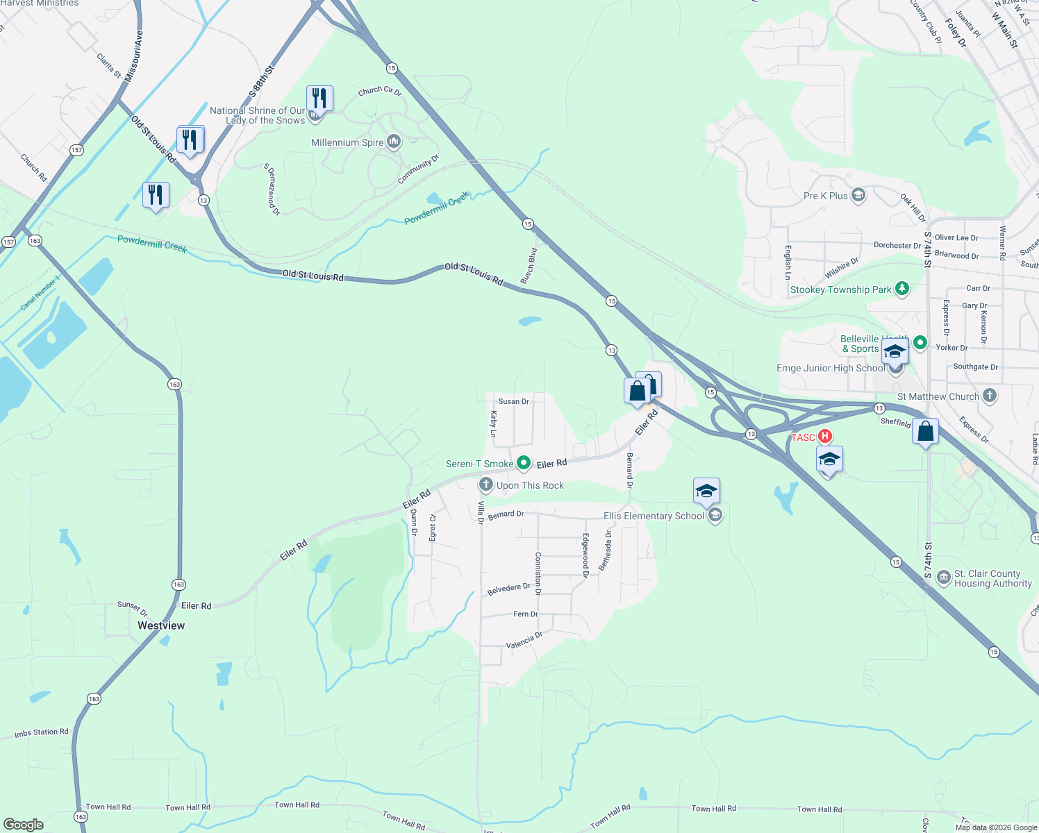 map of restaurants, bars, coffee shops, grocery stores, and more near 120 Indian Hill Dr in Belleville