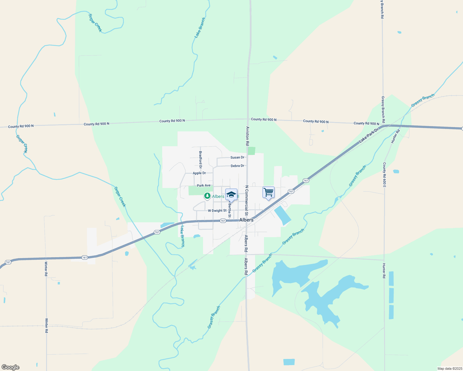 map of restaurants, bars, coffee shops, grocery stores, and more near 501 North Bertha Street in Albers