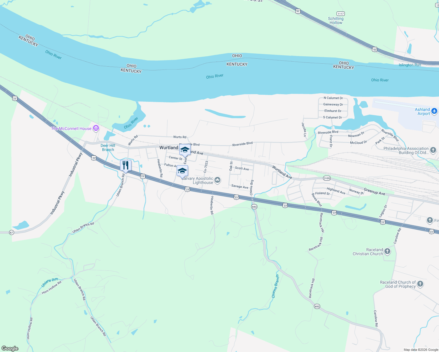 map of restaurants, bars, coffee shops, grocery stores, and more near 999 Madison St in Wurtland