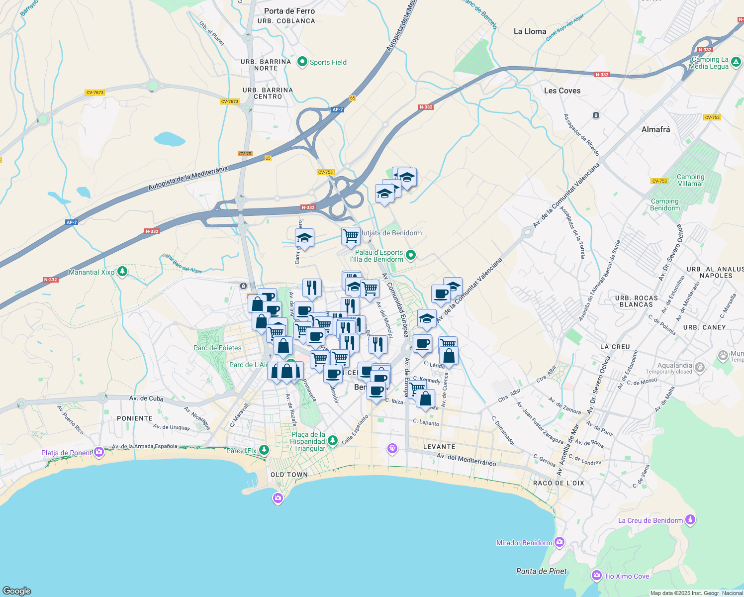 map of restaurants, bars, coffee shops, grocery stores, and more near 18 Avenida del Municipi in Benidorm