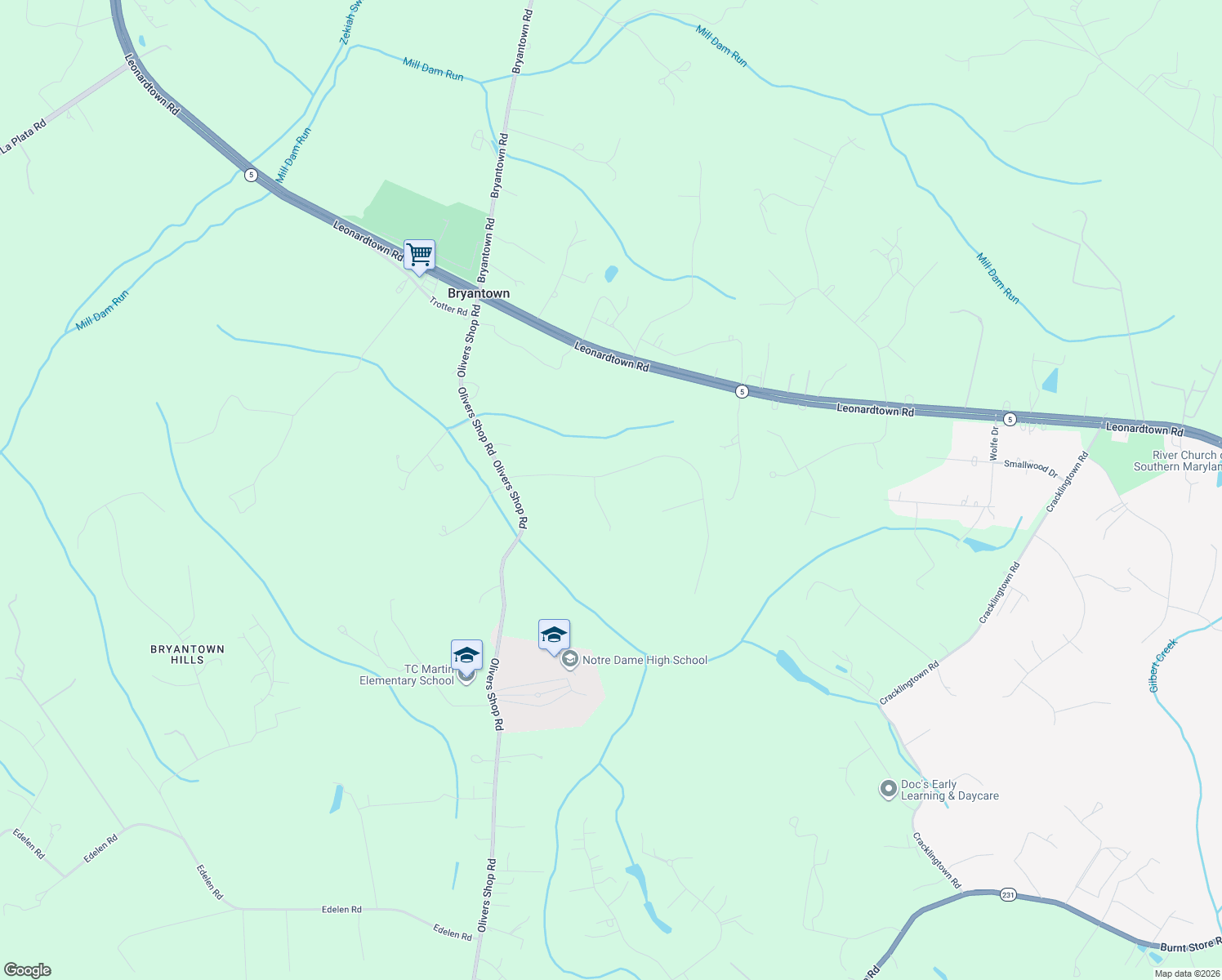 map of restaurants, bars, coffee shops, grocery stores, and more near 13745 Edelen Drive in Bryantown