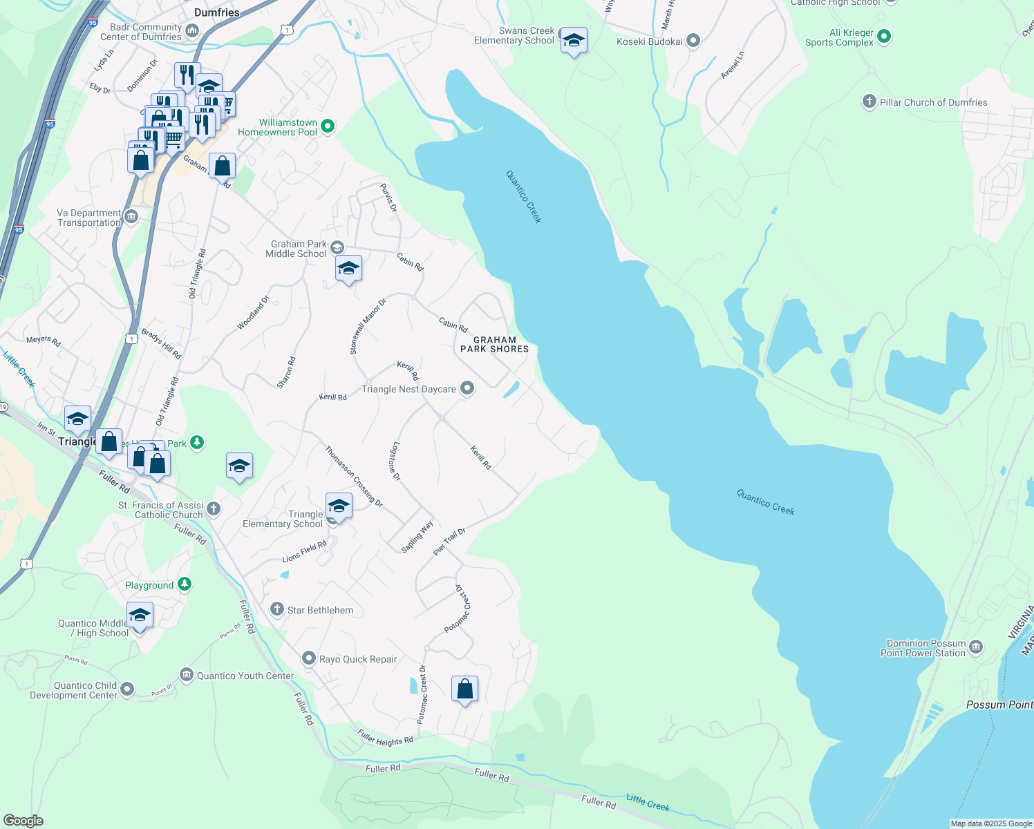 map of restaurants, bars, coffee shops, grocery stores, and more near 3209 Shoreview Road in Triangle
