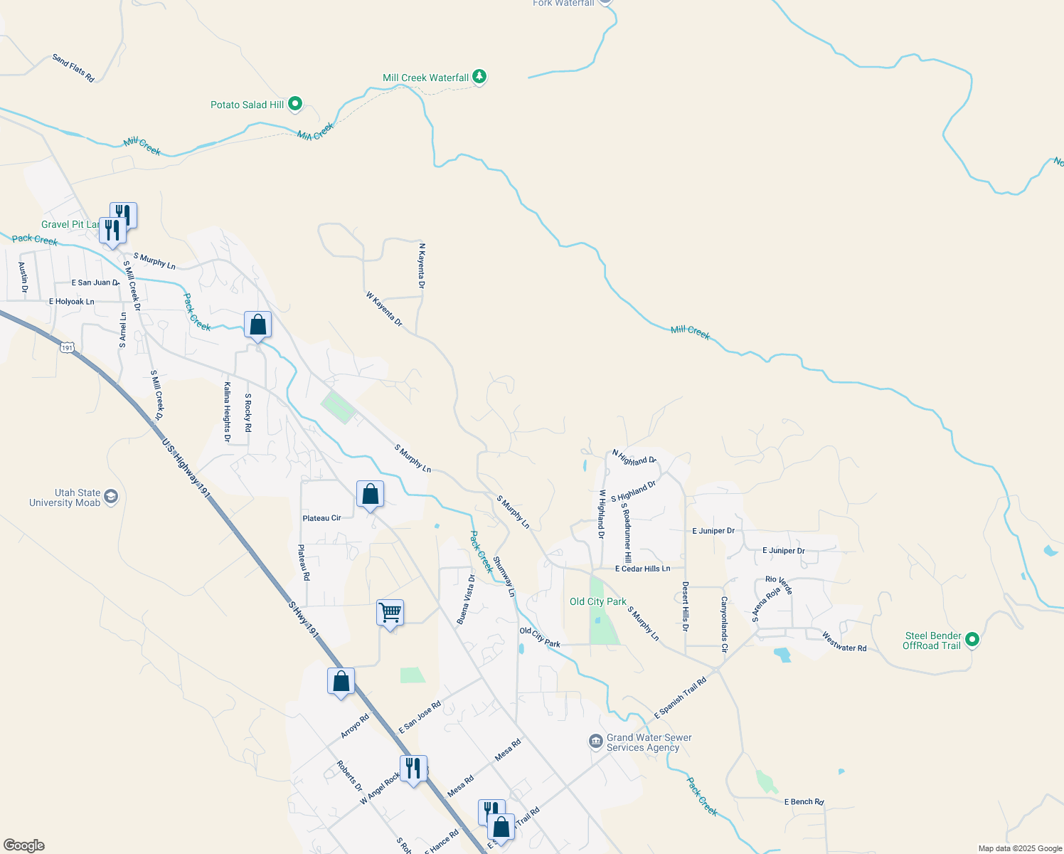 map of restaurants, bars, coffee shops, grocery stores, and more near 1650 Vertigo Drive in Moab