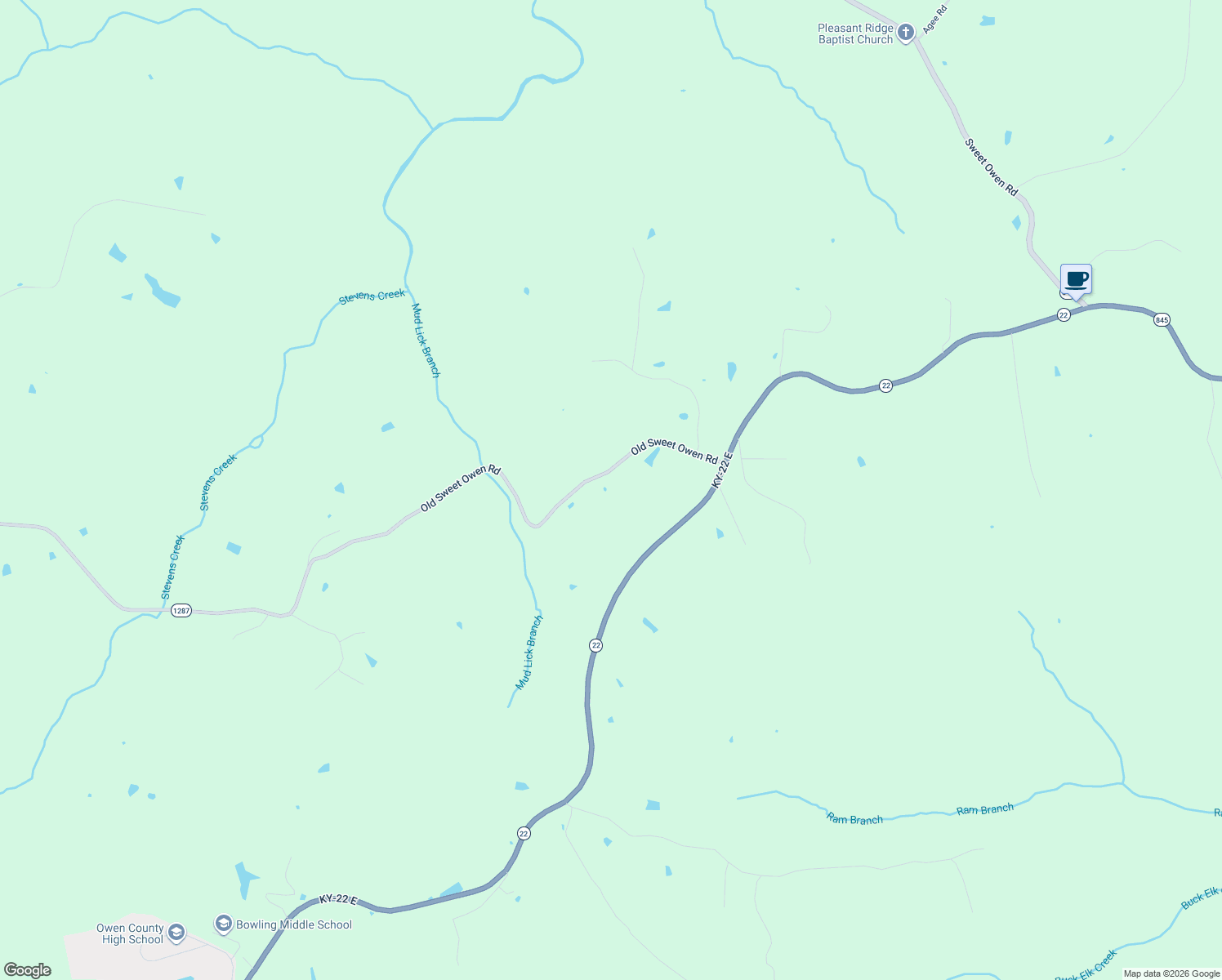 map of restaurants, bars, coffee shops, grocery stores, and more near 2495 Old Sweet Owen Road in Owenton