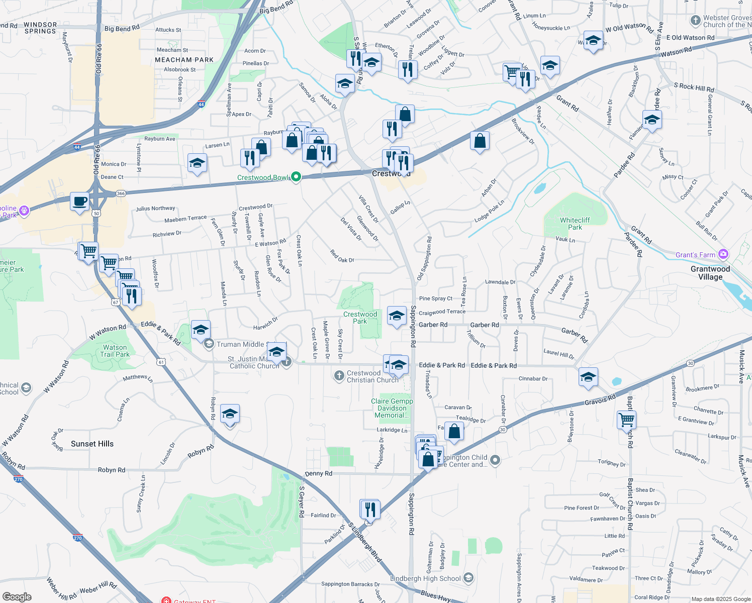 map of restaurants, bars, coffee shops, grocery stores, and more near 8967 Lindenhurst Drive in St. Louis