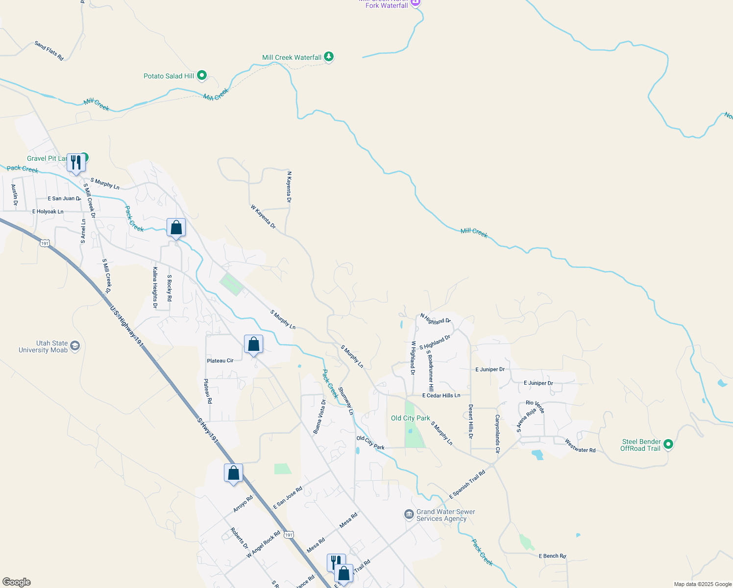 map of restaurants, bars, coffee shops, grocery stores, and more near 1650 Vertigo Drive in Moab