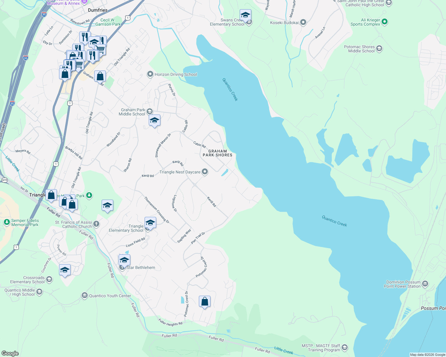 map of restaurants, bars, coffee shops, grocery stores, and more near 3208 Shoreview Road in Triangle