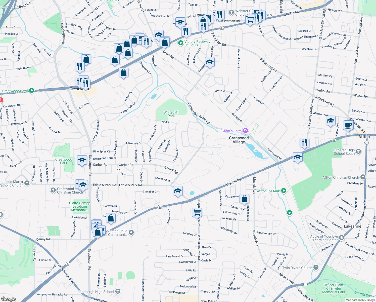 map of restaurants, bars, coffee shops, grocery stores, and more near 9243 Mountain Ash Trail in St. Louis