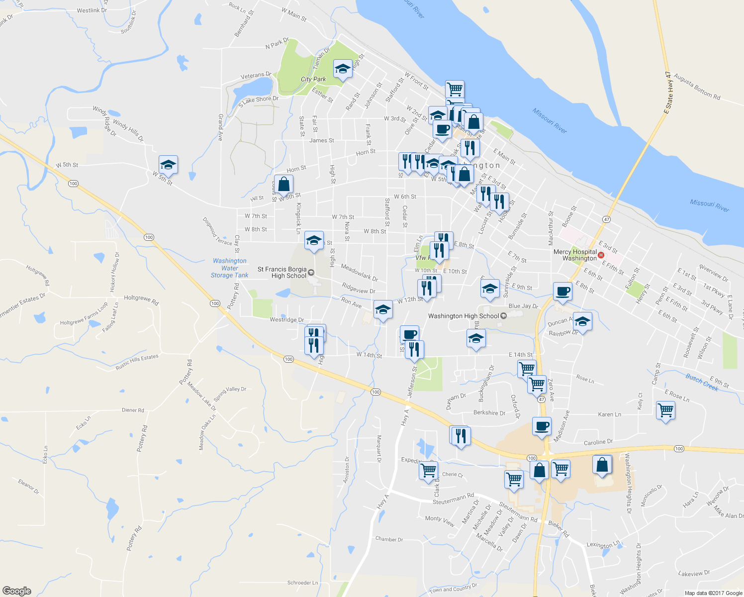 map of restaurants, bars, coffee shops, grocery stores, and more near 1106 Cherry Lane in Washington