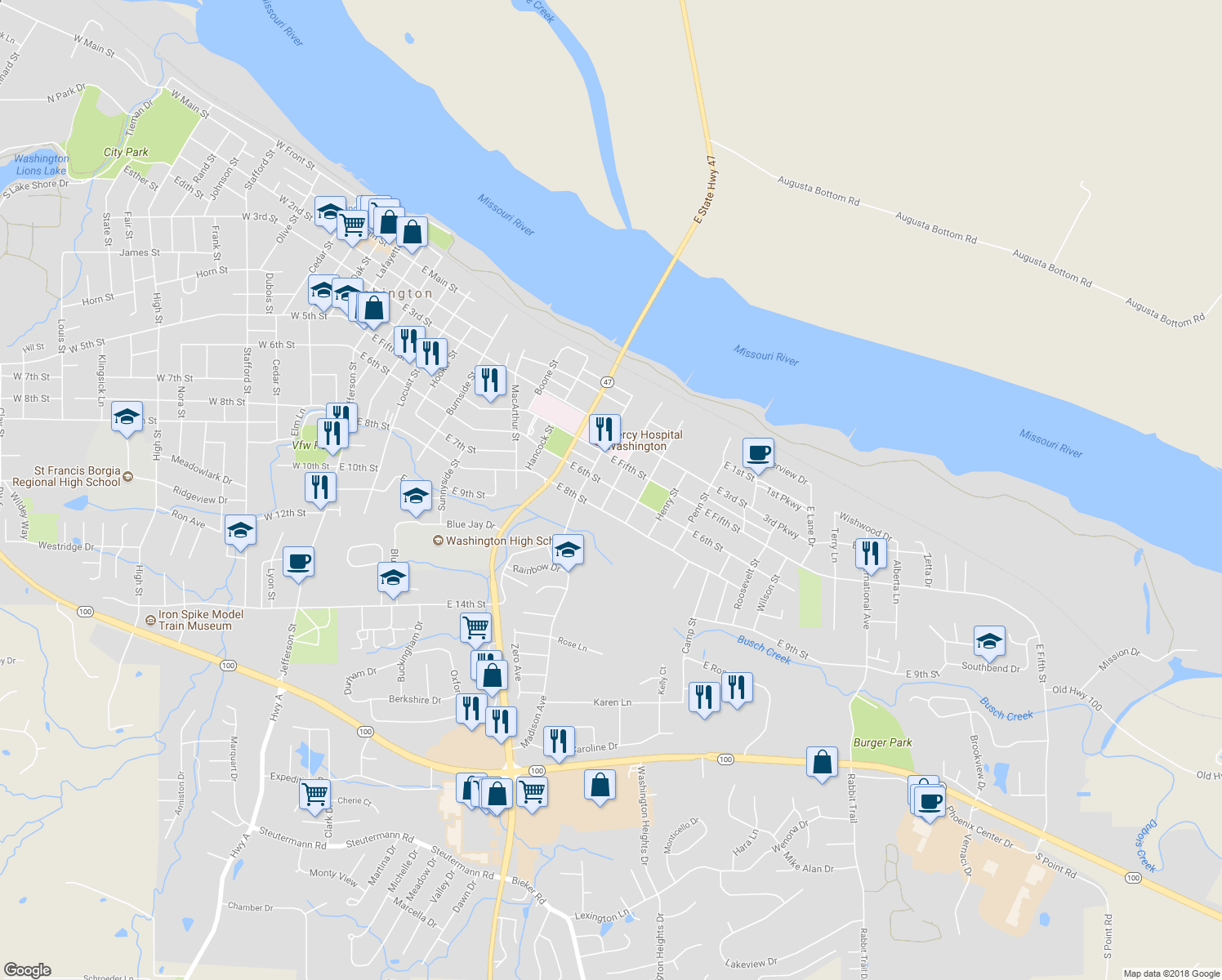 map of restaurants, bars, coffee shops, grocery stores, and more near 603 Washington Avenue in Washington
