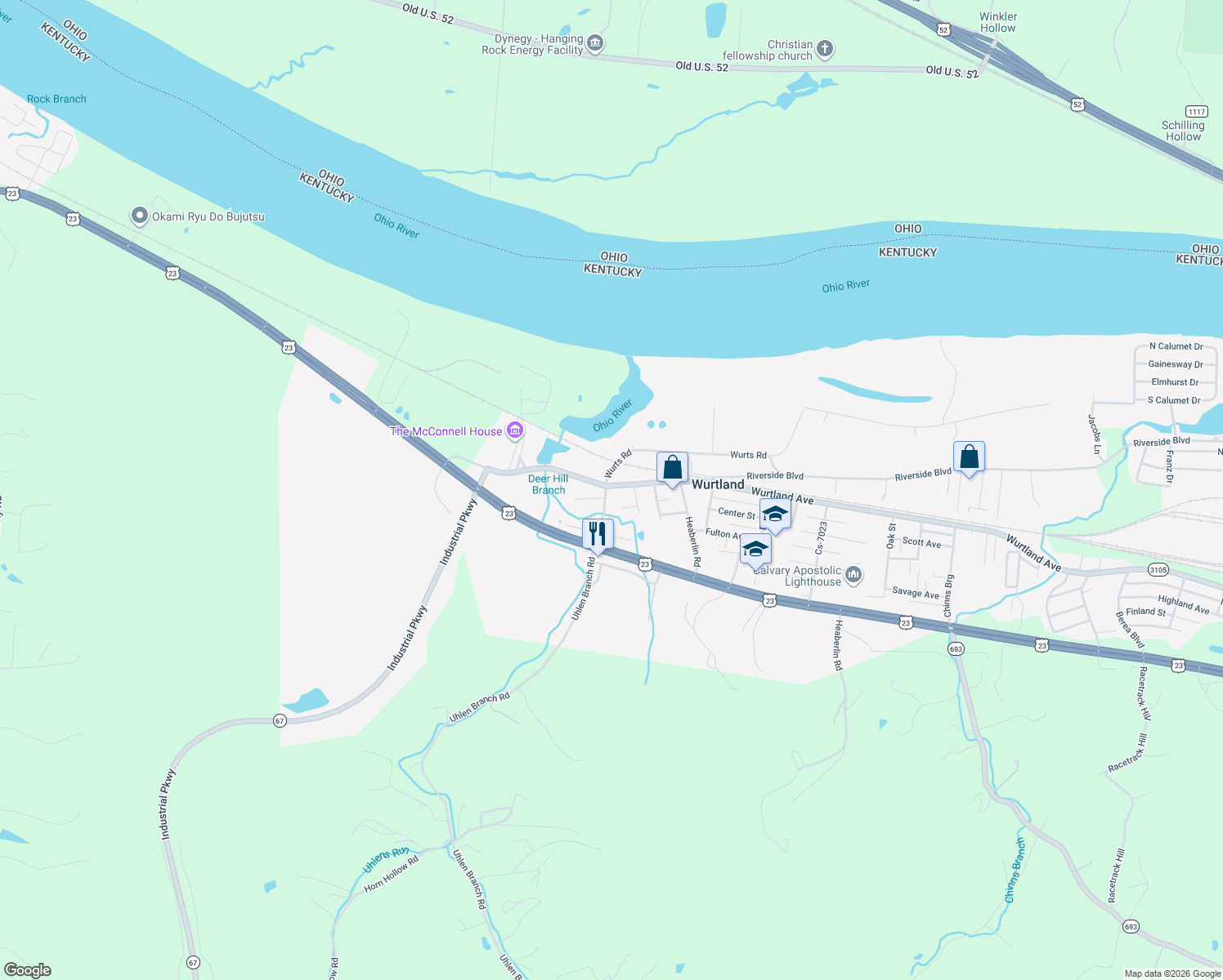 map of restaurants, bars, coffee shops, grocery stores, and more near 202 Wurtland Avenue in Wurtland