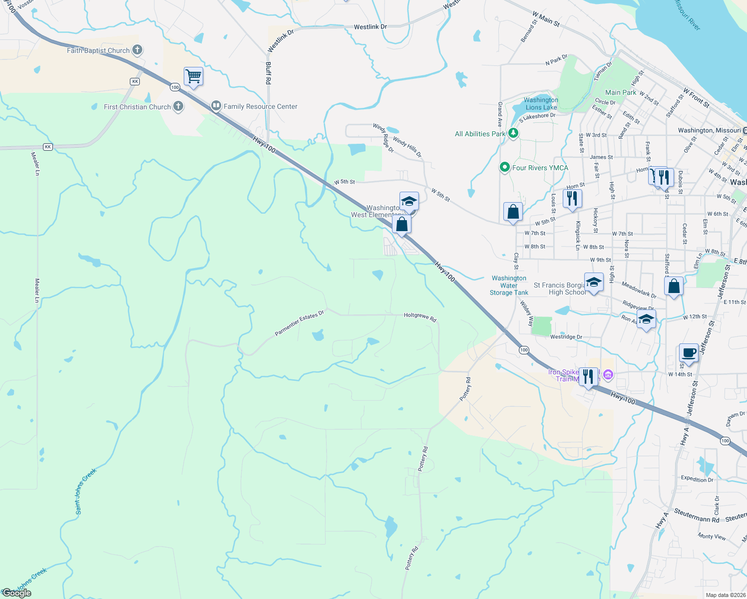 map of restaurants, bars, coffee shops, grocery stores, and more near 2347 Holtgrewe Road in Washington