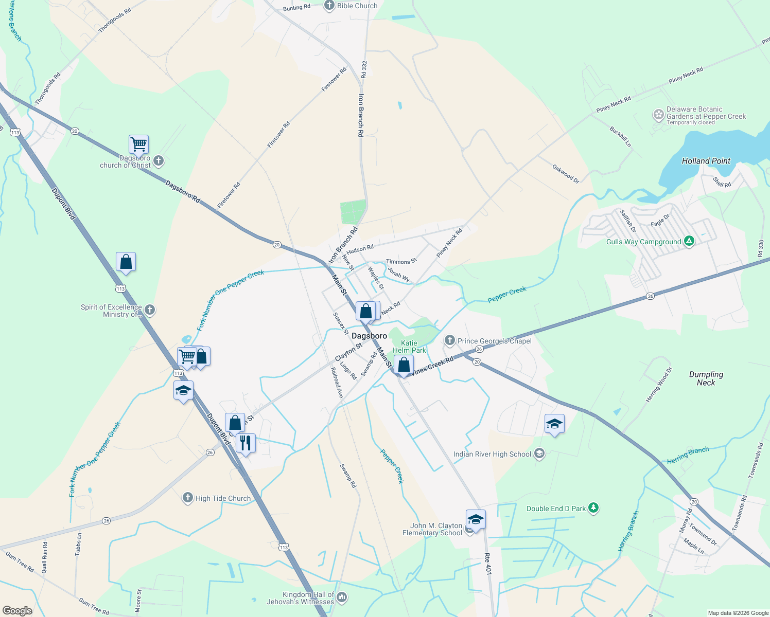 map of restaurants, bars, coffee shops, grocery stores, and more near 29117 Piney Neck Road in Dagsboro