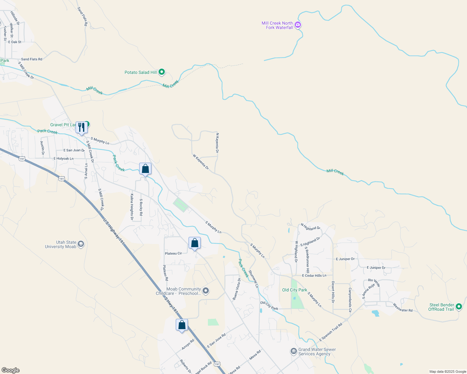 map of restaurants, bars, coffee shops, grocery stores, and more near 1479 West Kayenta Drive in Moab