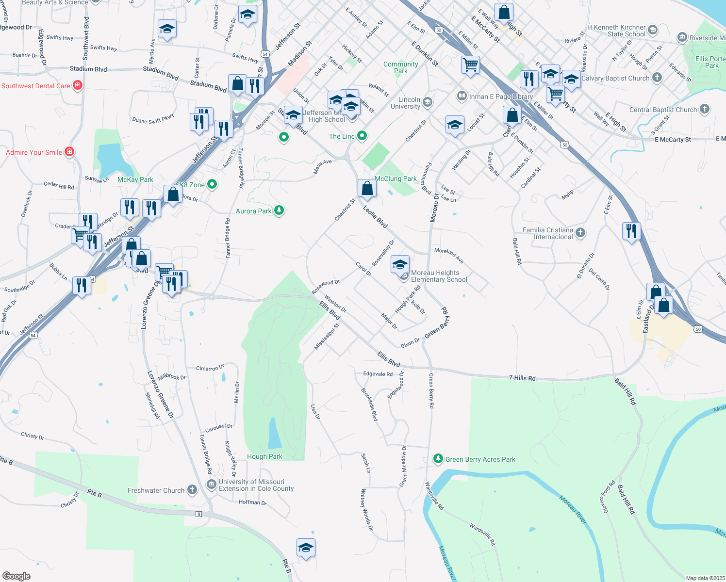 map of restaurants, bars, coffee shops, grocery stores, and more near 1107 Major Dr in Jefferson City