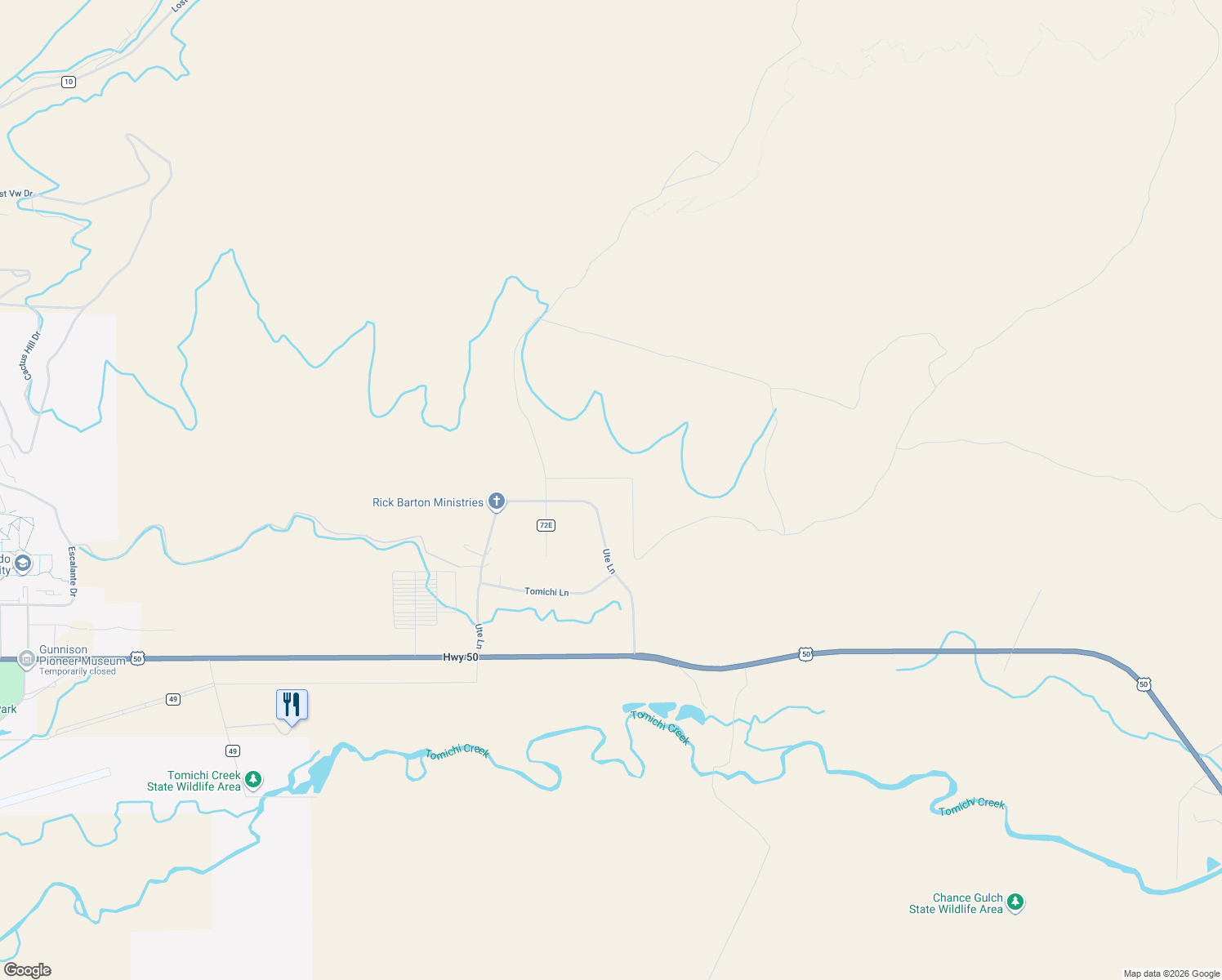 map of restaurants, bars, coffee shops, grocery stores, and more near 679 Ute Ln in Gunnison