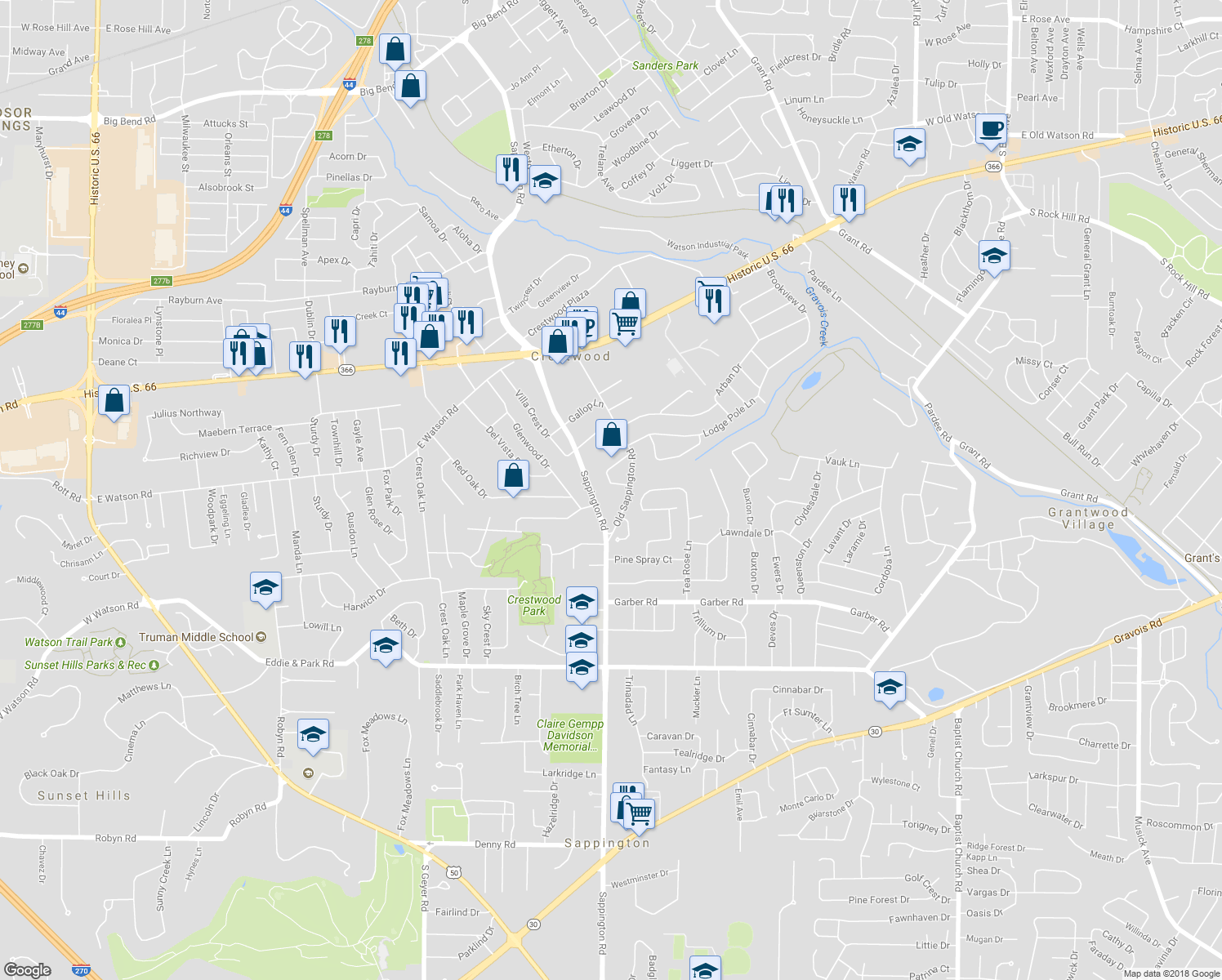 map of restaurants, bars, coffee shops, grocery stores, and more near 9616 Cornish Drive in St. Louis