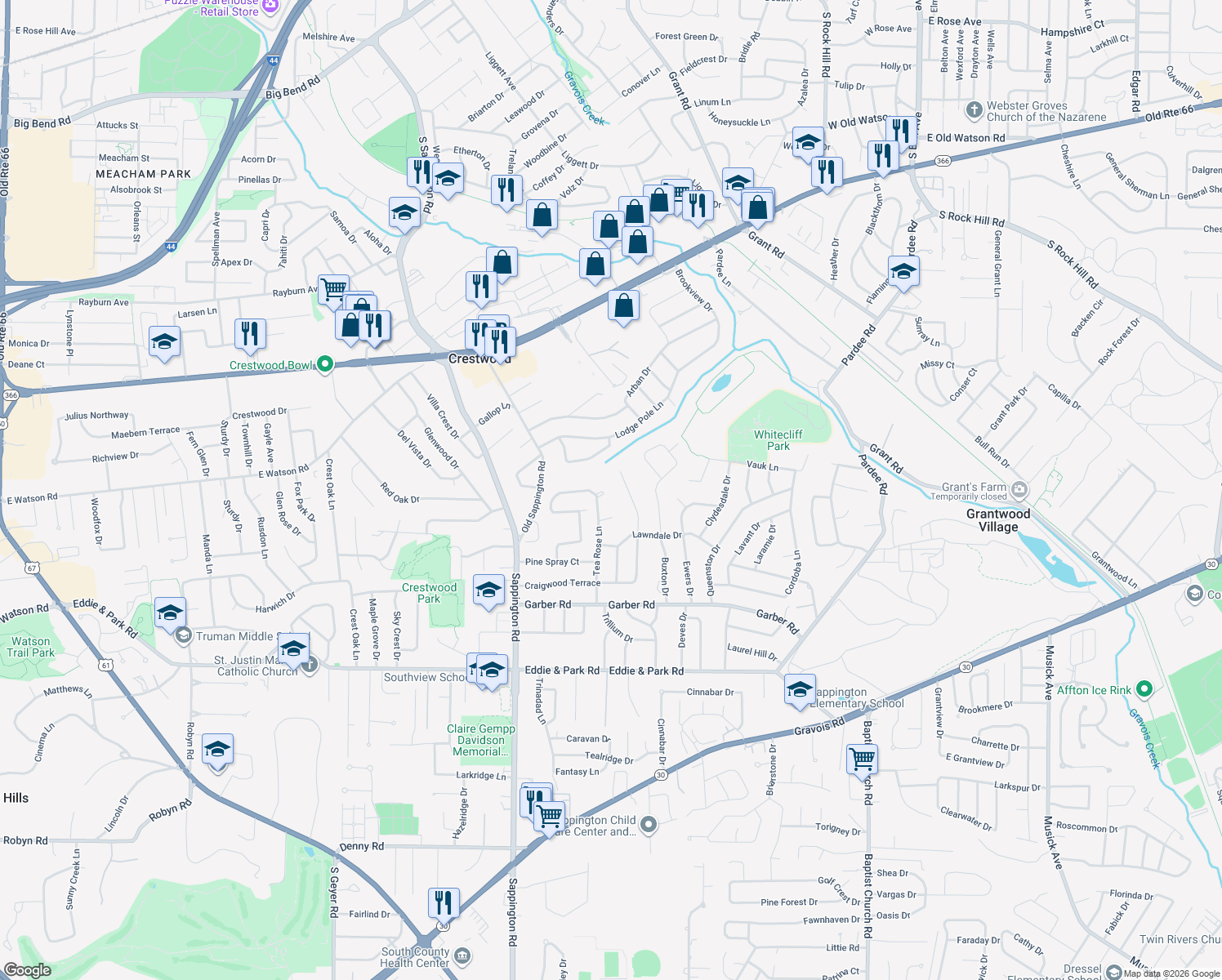 map of restaurants, bars, coffee shops, grocery stores, and more near 9202 Tea Rose Lane in St. Louis