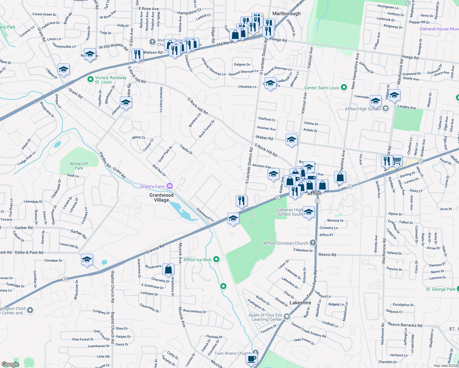 map of restaurants, bars, coffee shops, grocery stores, and more near 43 Grantwood Lane in Saint Louis