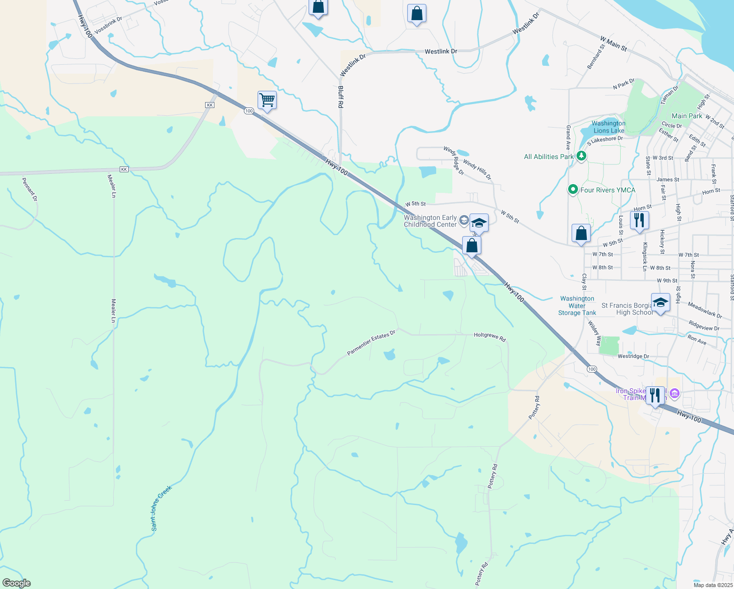 map of restaurants, bars, coffee shops, grocery stores, and more near 2491 Holtgrewe Road in Washington