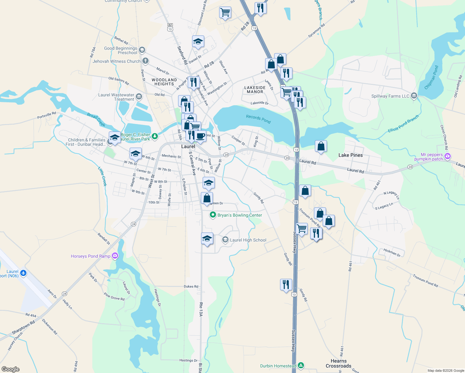 map of restaurants, bars, coffee shops, grocery stores, and more near 320 East 6th Street in Laurel