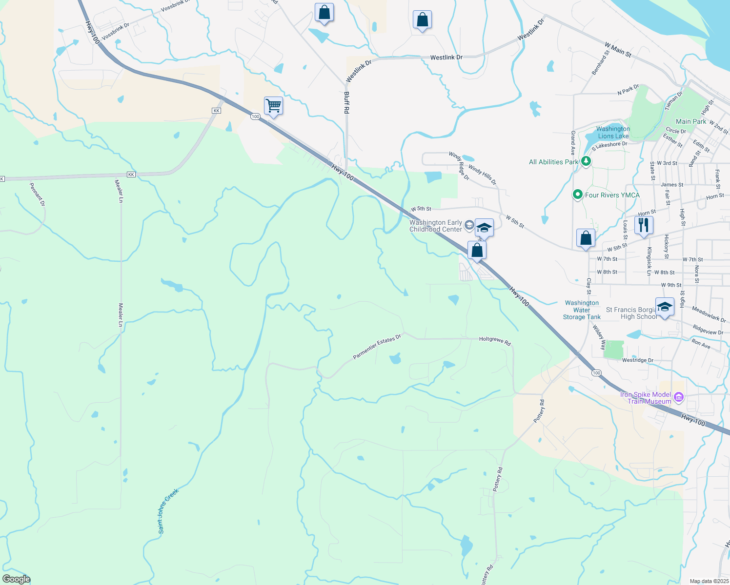 map of restaurants, bars, coffee shops, grocery stores, and more near 2491 Holtgrewe Road in Washington