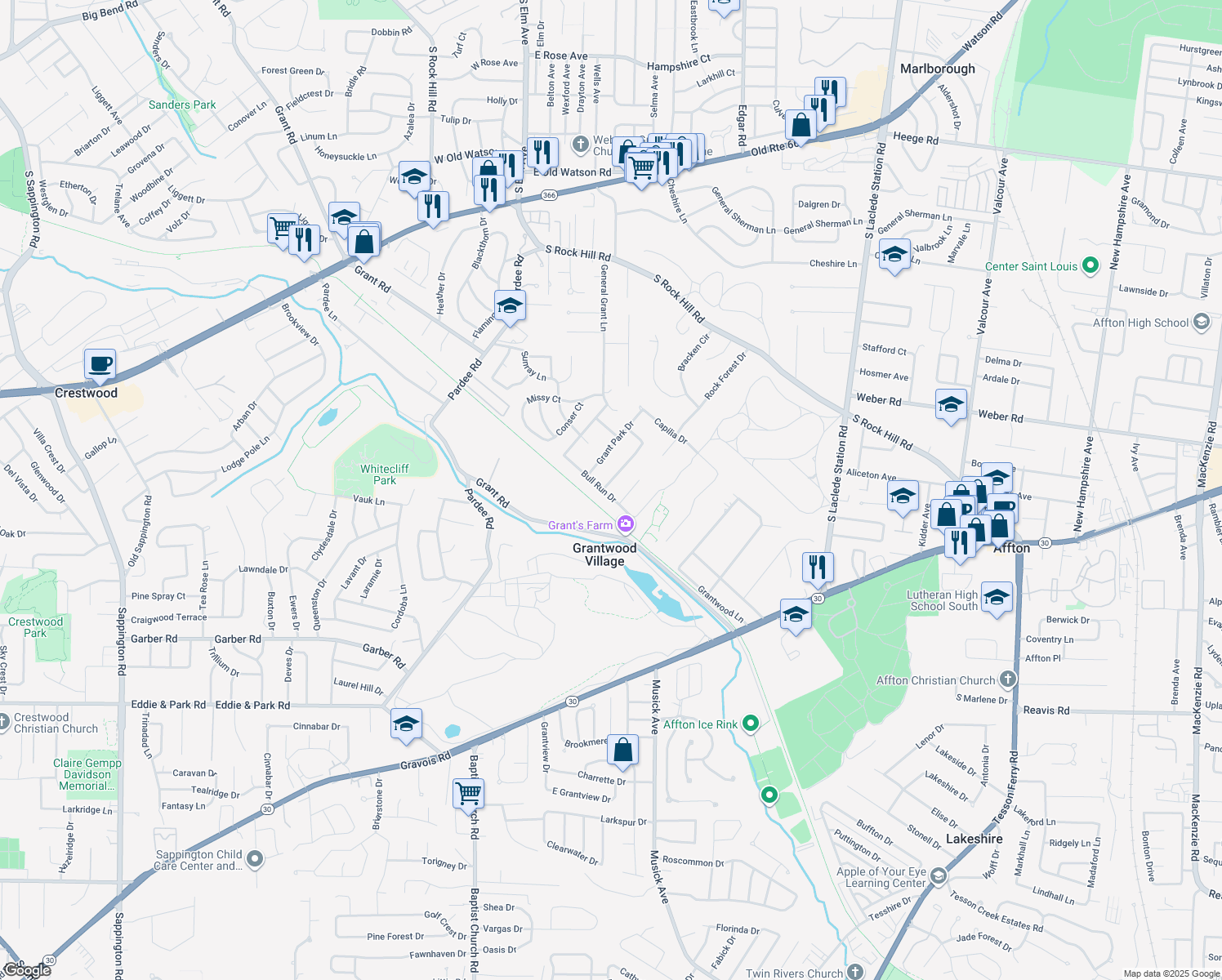 map of restaurants, bars, coffee shops, grocery stores, and more near 7533 Bull Run Drive in Saint Louis