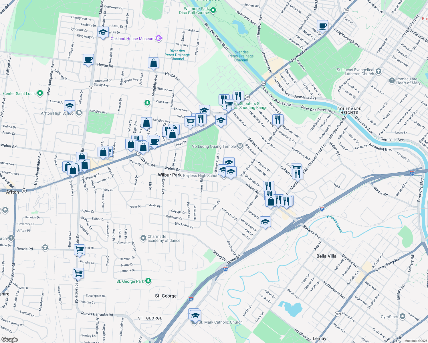 map of restaurants, bars, coffee shops, grocery stores, and more near 8431 Weber Trail Drive in Saint Louis