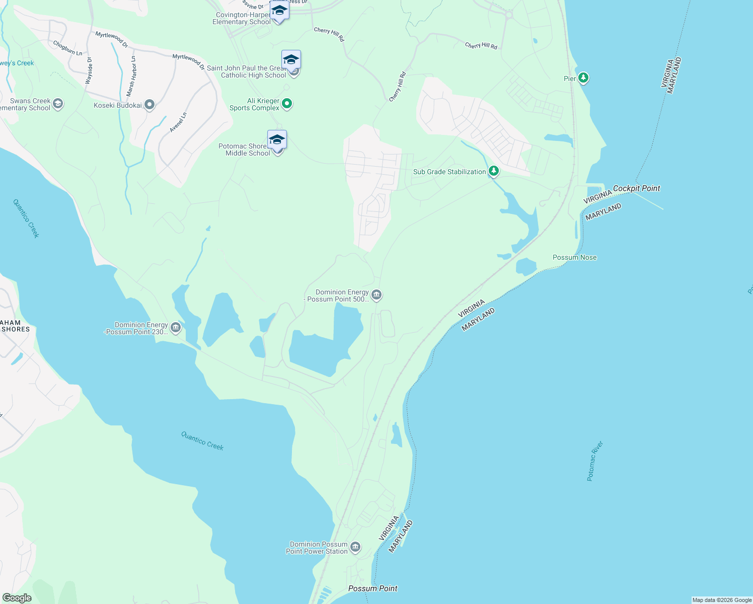 map of restaurants, bars, coffee shops, grocery stores, and more near Cockpit Point Road in Prince William County